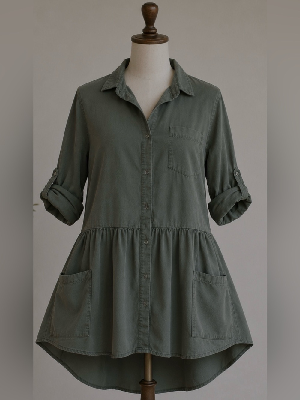 Olive Green Button-Up Peplum Tunic Dress